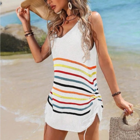 Sexy Knit Ruched Drawing String Swim Bath Suit Cover Up Dress White - Picture 4 of 12